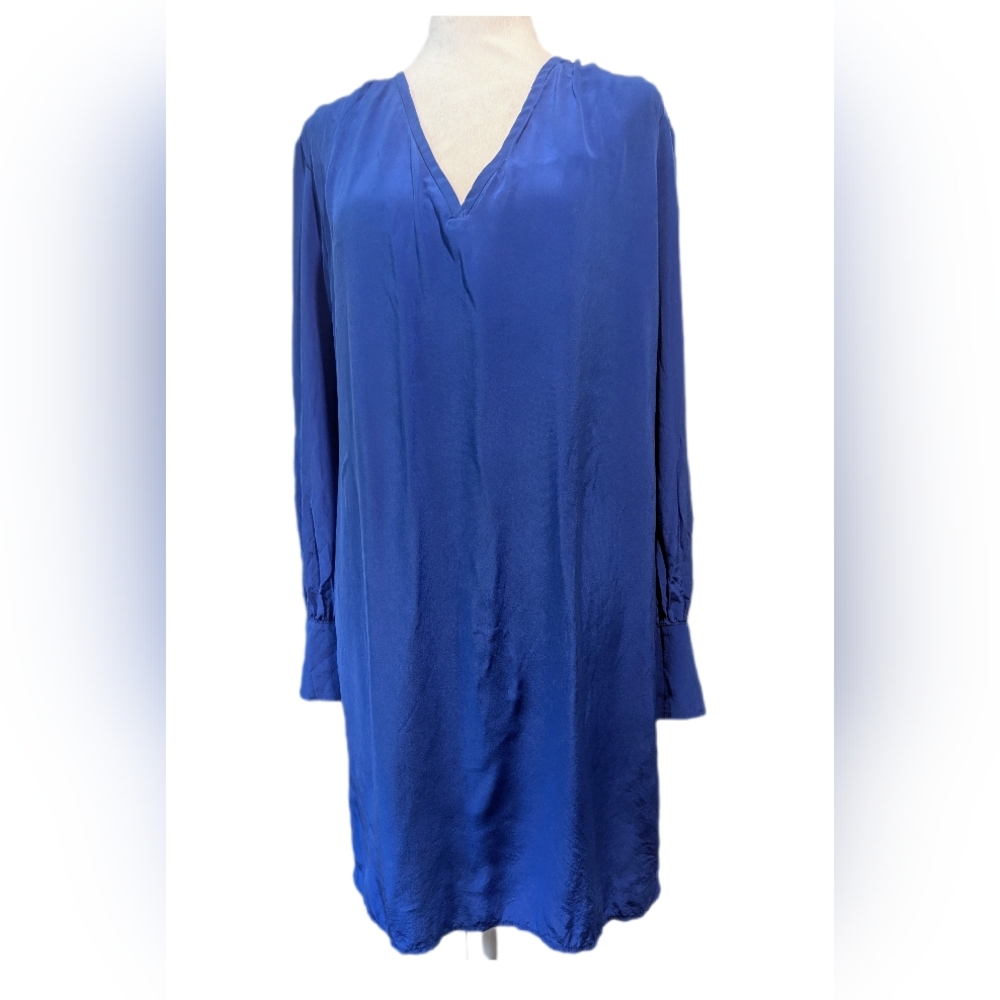 Judith & Charles Pure Silk Long Sleeved Blue V Neck Fully Lined Mini Dress -4-